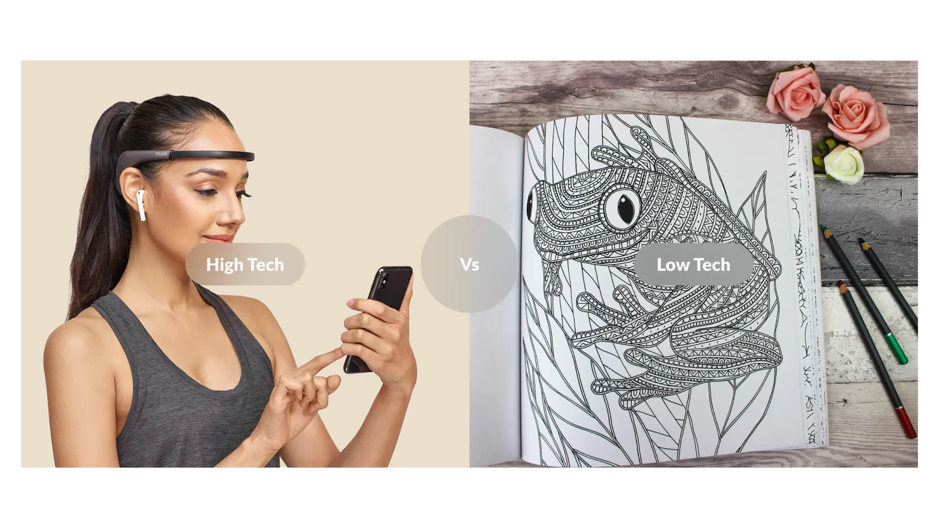 High tech versus low tech: a meditation headband beside a colouring book