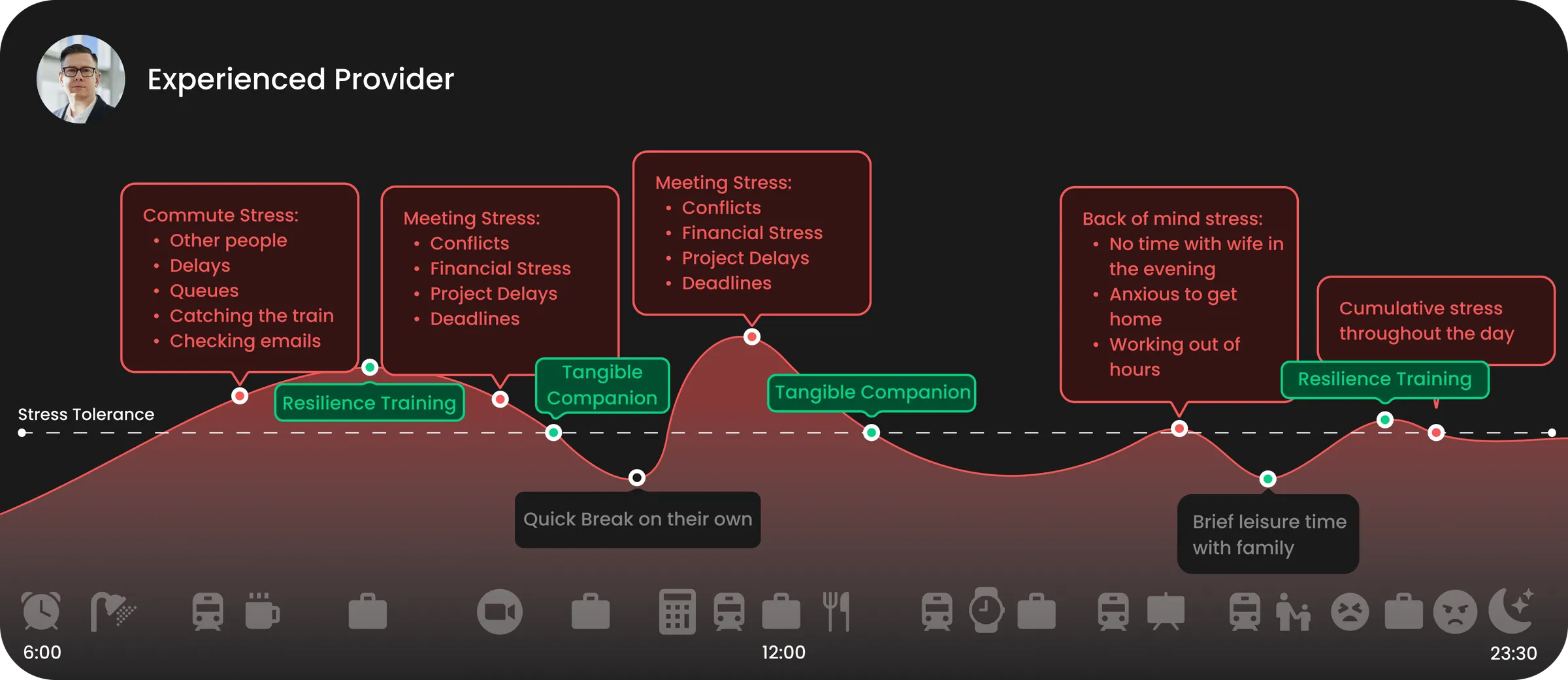 Day-in-the-life stress chart for the Experienced Provider persona, showing stress peaks from commuting, meetings and finances