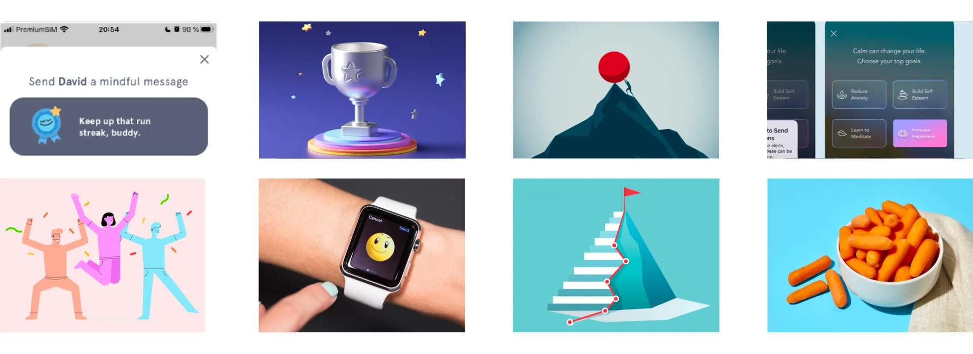 Mood board of resilience-training ideas: reminder apps, rewards, smartwatch prompts and healthy snacks