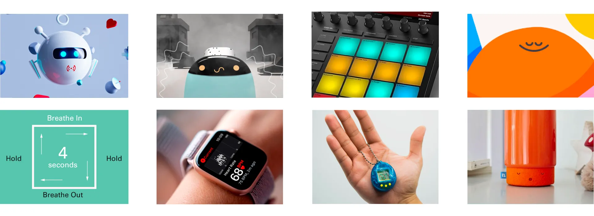 Mood board of tangible-companion ideas: robot companions, a breathing guide, smartwatches and fidget devices