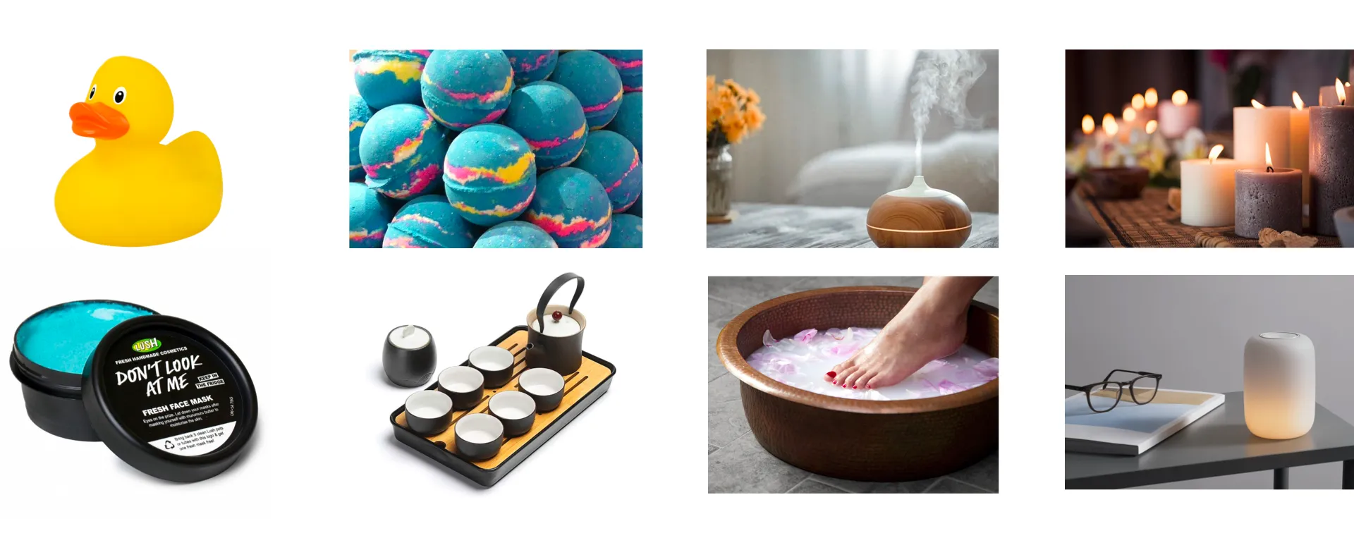 Mood board of ritual-app ideas: bath ducks, bath bombs, diffusers, candles and foot baths