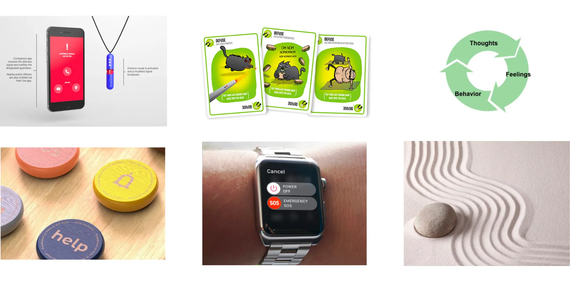 Mood board of red-button ideas: panic pendants, help buttons, smartwatch alerts and calming objects