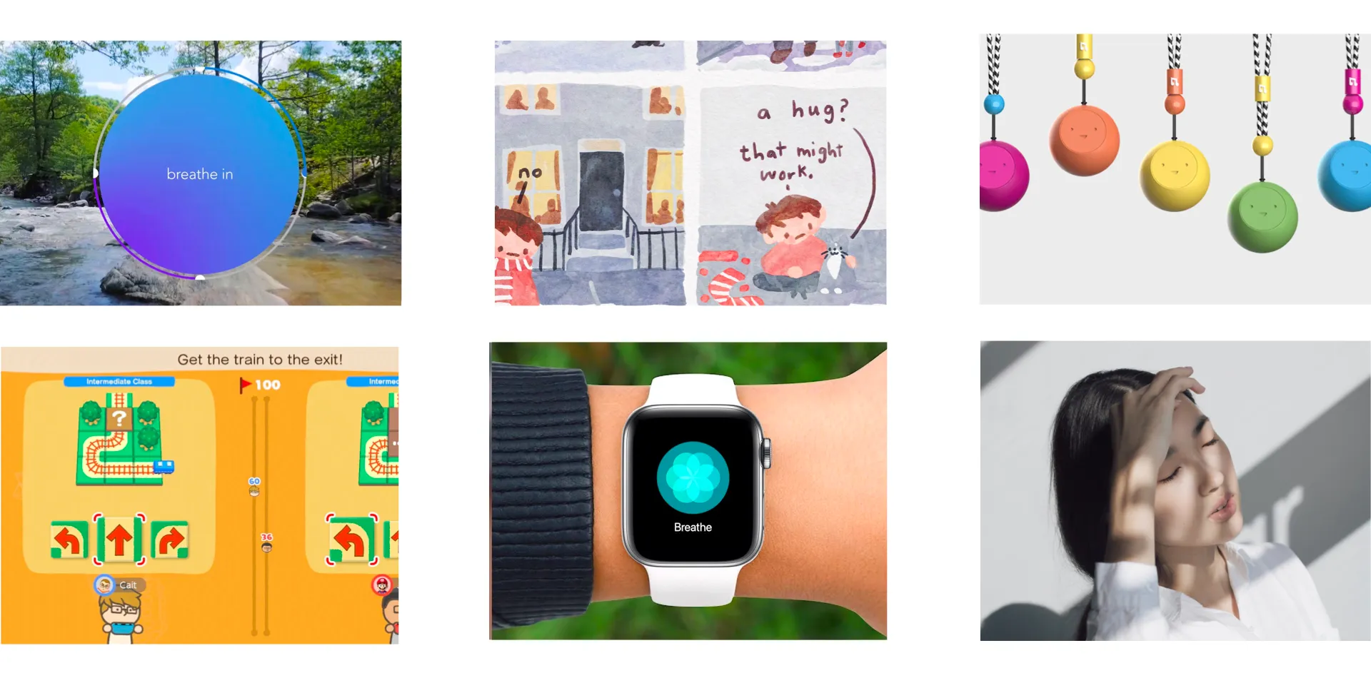 Mood board of lost-in-thought ideas: breathing apps, games, light pendants and smartwatch breathing