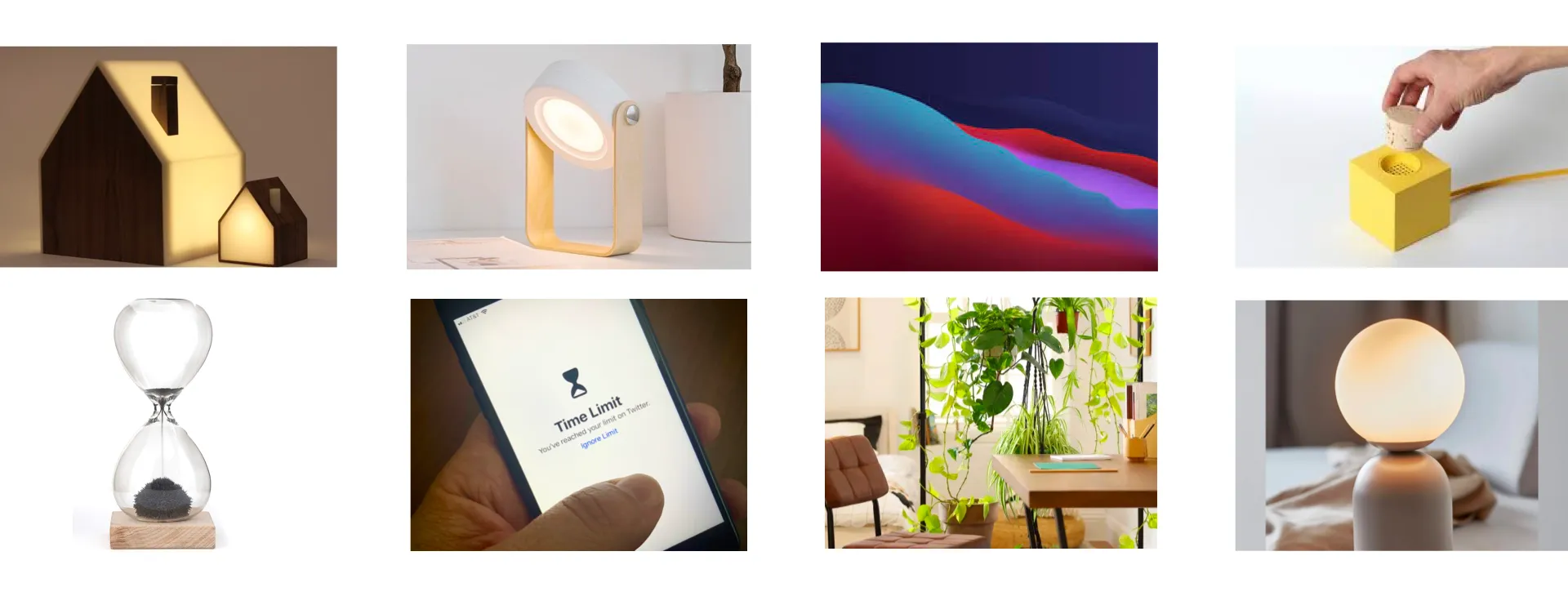 Mood board of ambient-object ideas: smart lamps, hourglasses and glowing home devices