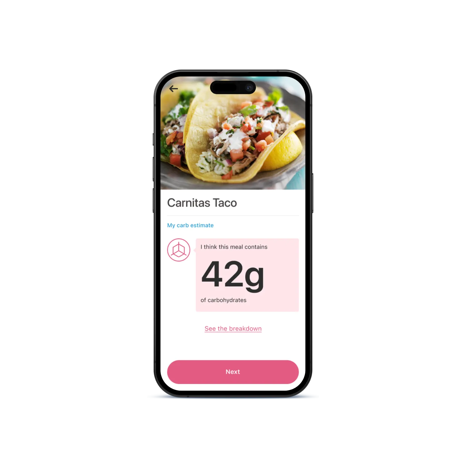 App screen showing the estimated carbohydrates for each food item