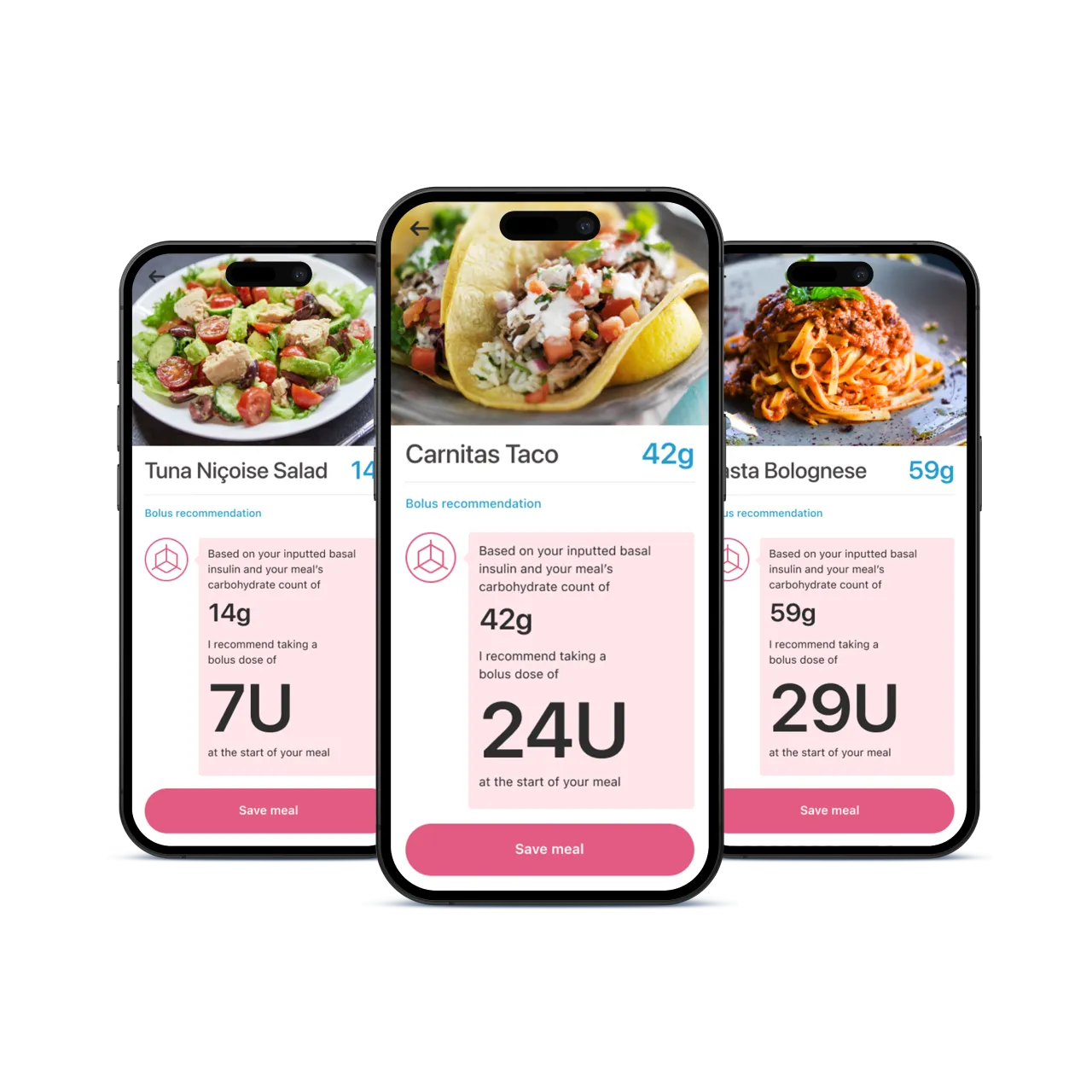 App screen recommending an insulin bolus dose for the meal